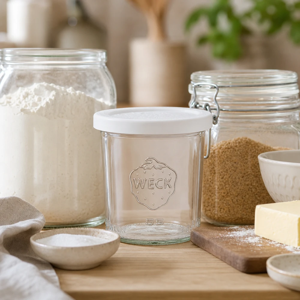 140ml Sturzglas mit Frischedeckel WECK RR60 WECK Sturzglas 140ml RR60 in natürlicher Küchenumgebung mit Backzutaten und Holzbrettchen als Lifestyle-Aufnahme