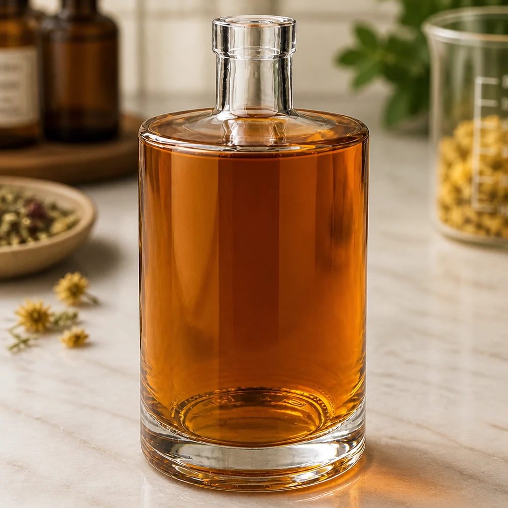 700ml Glasflasche "Galileo" ohne Verschluss UNiTWIST® 700ml Glasflasche Marie mit bernsteinfarbener Flüssigkeit befüllt in elegantem Ambiente mit Kräutern und Apothekergläser