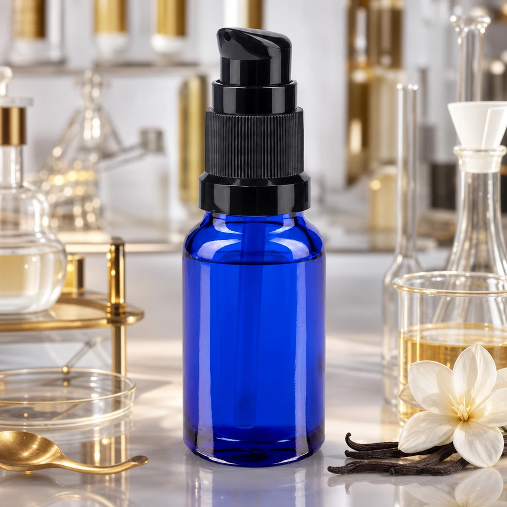 Apothekerglas 10ml blau mit schwarzem Pumpaufsatz kompakte Dosierflsche für Öle