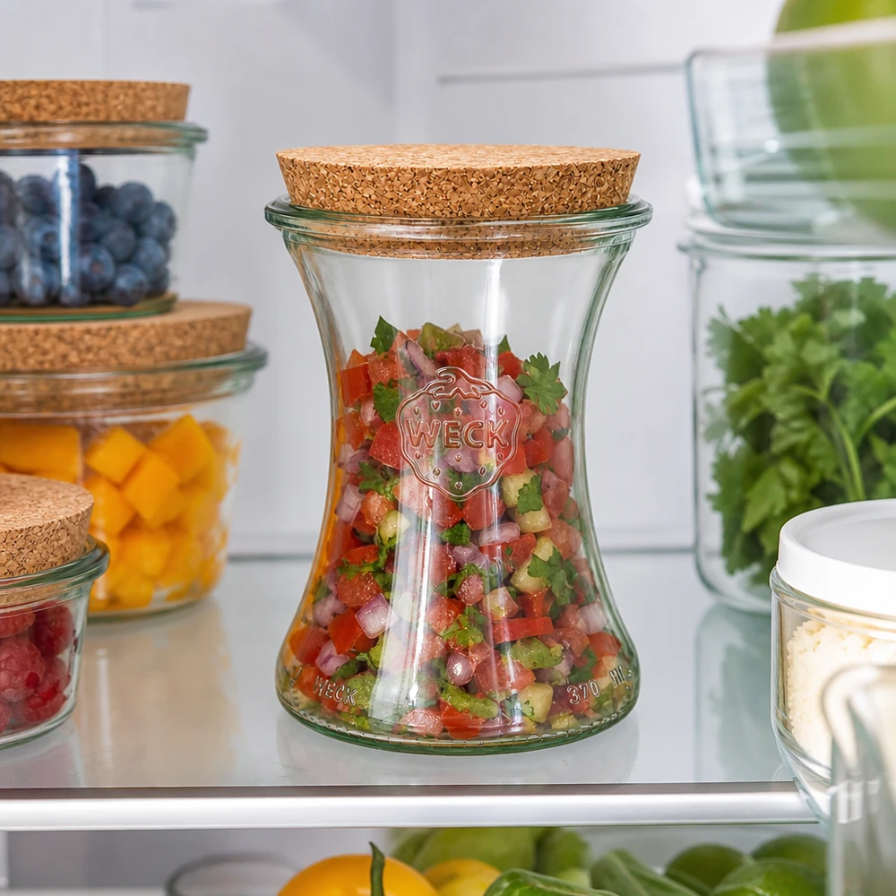 370ml Delikatessenglas WECK RR80 mit Korken natur WECK Delikatessenglas 370ml RR80 mit Korkdeckel gefüllt mit frischem Salsa im Kühlschrank neben anderen Vorratsgläsern