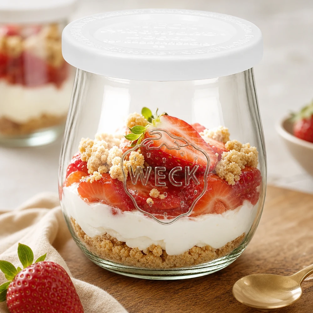 220ml Tulpenglas mit Frischedeckel WECK RR60 WECK Tulpenglas 220ml mit Frischedeckel als Dessertglas - Erdbeer-Sahne-Schichtdessert mit Streuseln im RR60 Glas