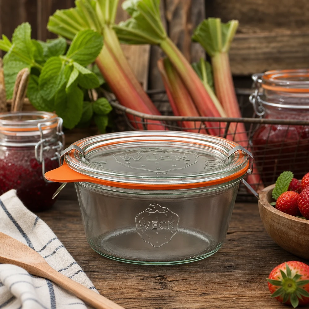290ml Sturzglas niedrig komplett WECK RR100 WECK Einmachglas 290ml RR100 in rustikaler Küche mit frischem Rhabarber und Erdbeeren zum Einkochen