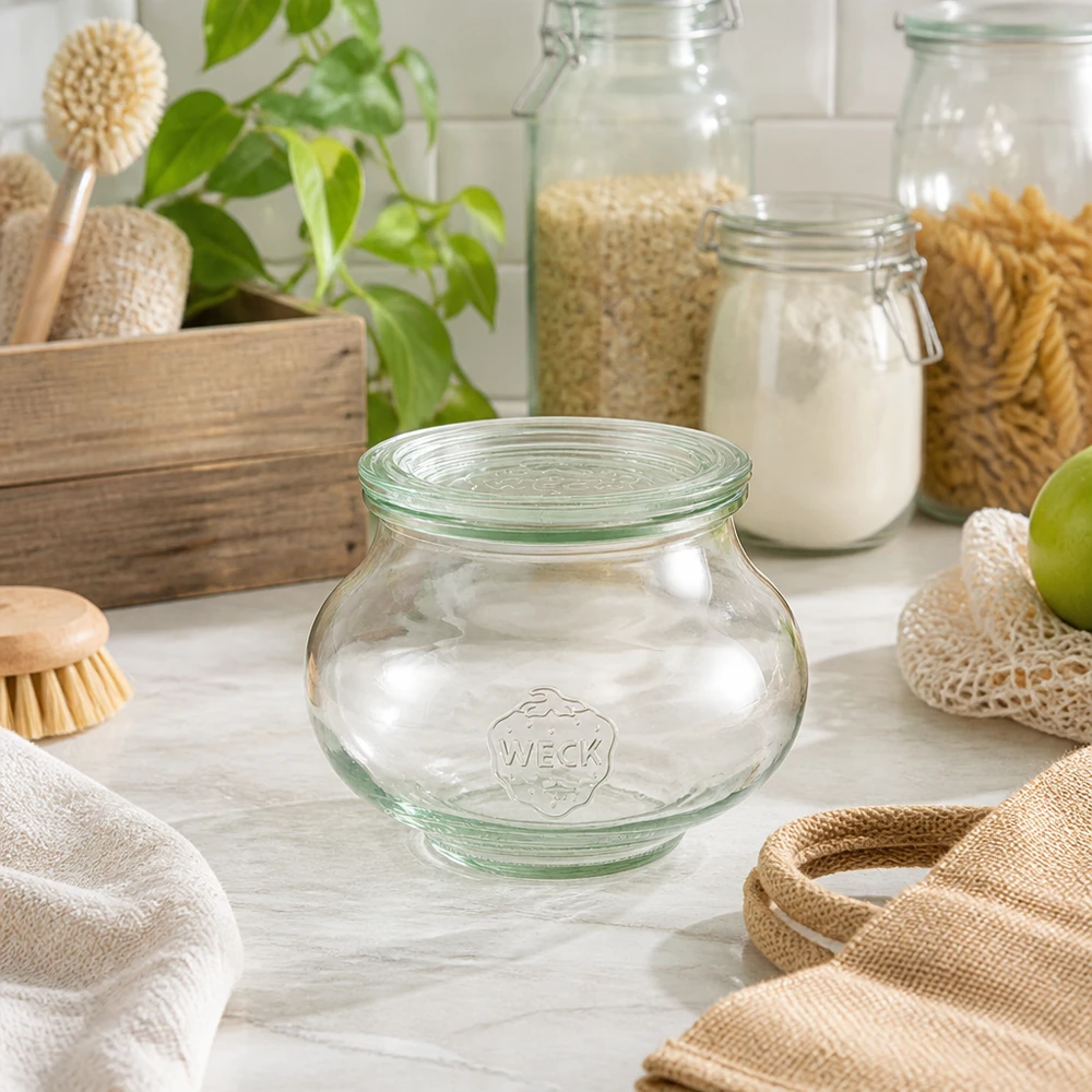 560ml Schmuckglas mit Glasdeckel WECK RR80 WECK Schmuckglas 560ml RR80 in nachhaltiger Zero-Waste Küche mit Naturmaterialien Holzbürsten und Jutebeuteln