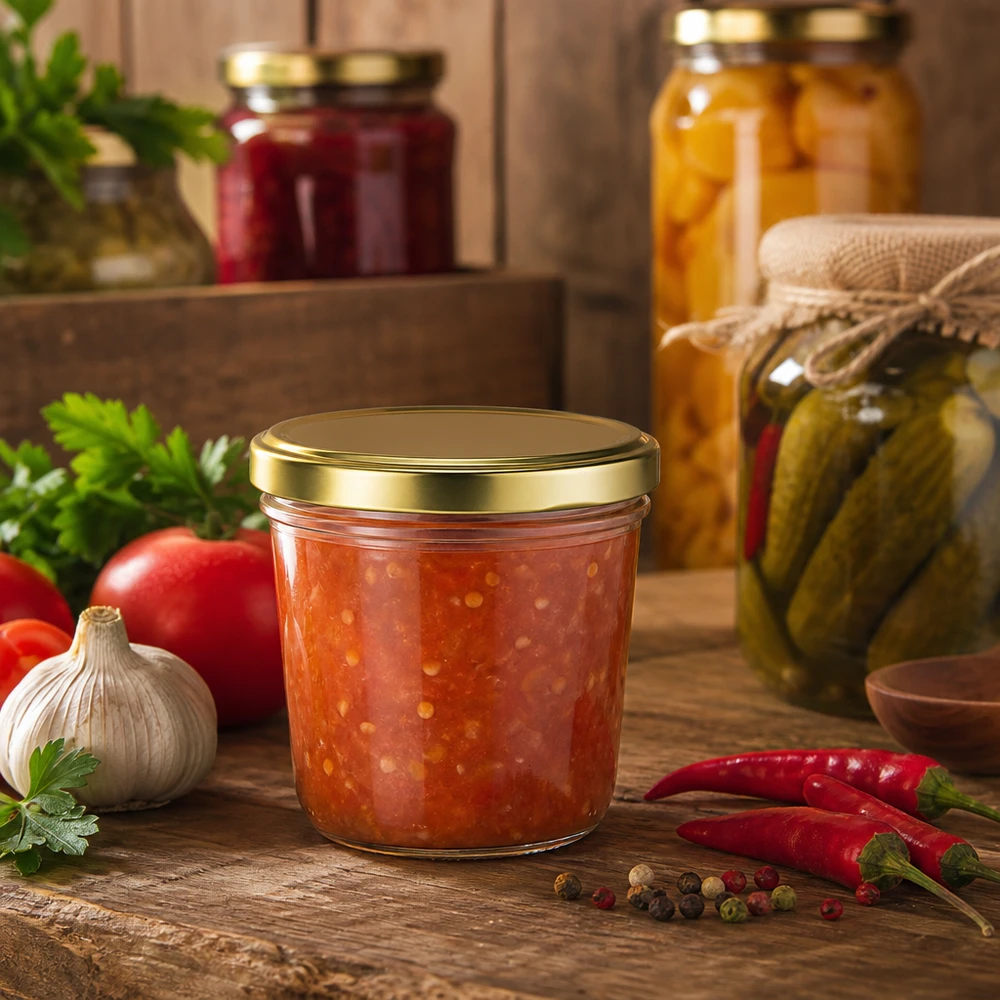 230ml Sturzglas mit goldenem Deckel gefüllt mit Tomatenrelish umgeben von frischen Zutaten und Gewürzen