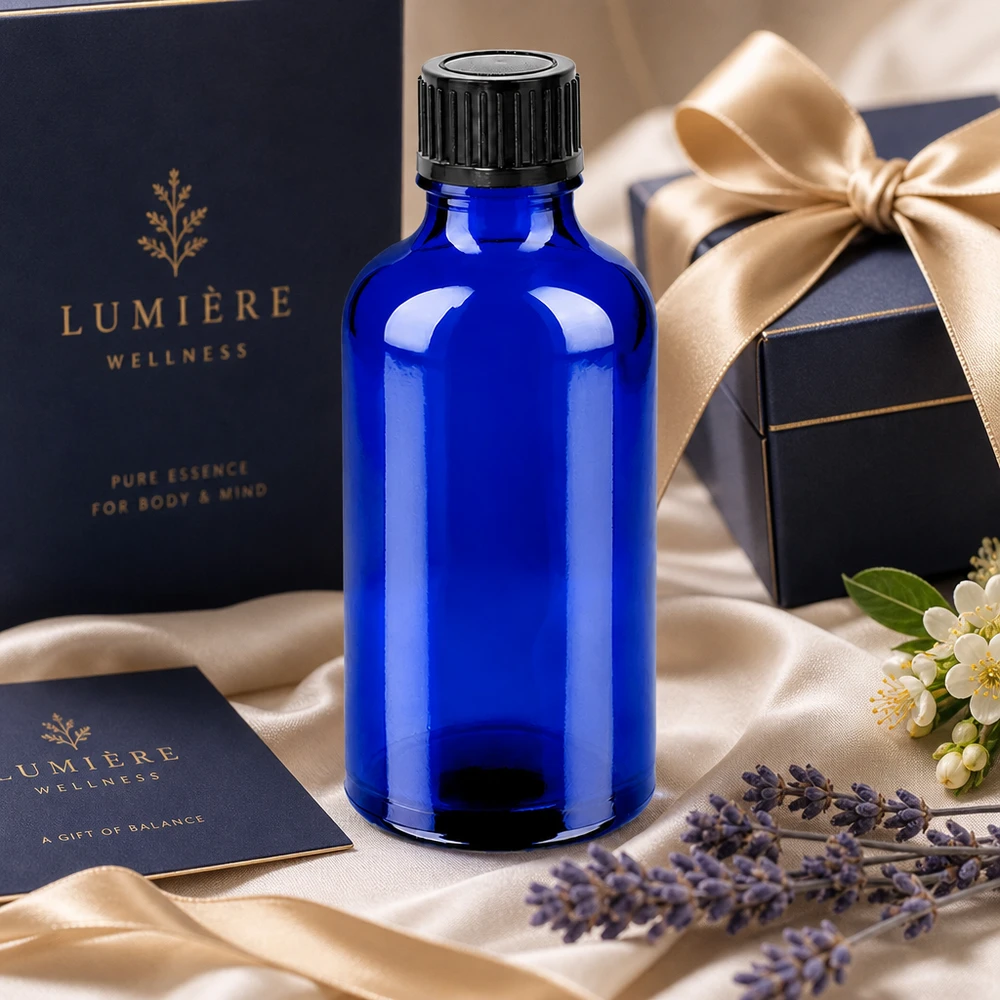 50ml Flasche 11mm Schraubverschluss schwarz Standard BlueLine UT18/50 Handliche Portionsflasche 50ml in edlem Kobaltblau für mobile Anwendungen unterwegs