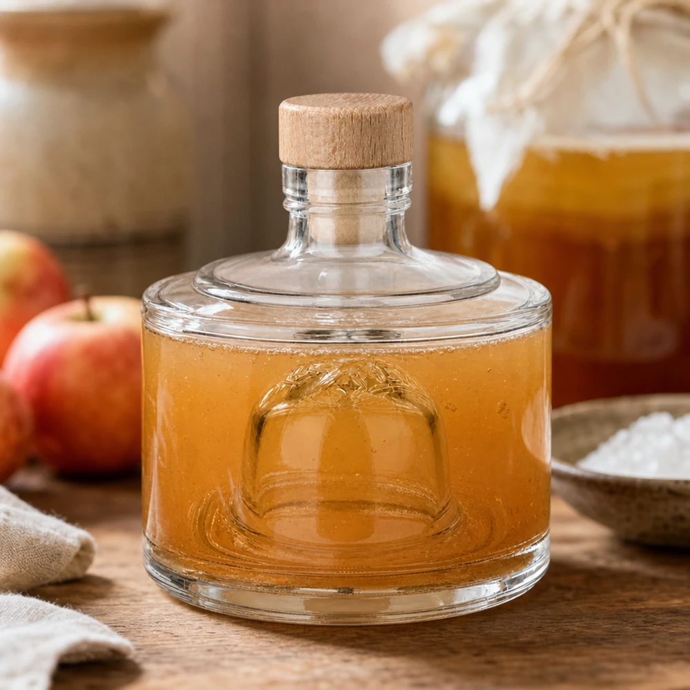 200ml Glasflasche "Barbara" mit Holzgriff-Korken UNiTWIST 200ml Glasflasche Barbara mit Apfelessig gefüllt neben roten Äpfeln rustikale Küchendekoration Essig Aufbewahrung