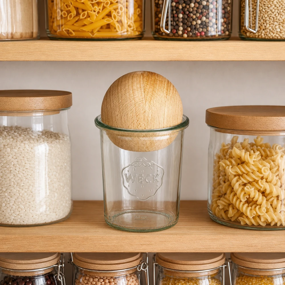 WECK Sturzglas RR60 160ml mit Holzkugel in Küchenregal zwischen Vorratsgläsern mit Pasta und Getreide