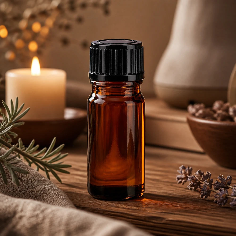 Hochwertige 5ml Apothekerflasche Braunglas mit schwarzem Deckel neben Lavendel und Kerze