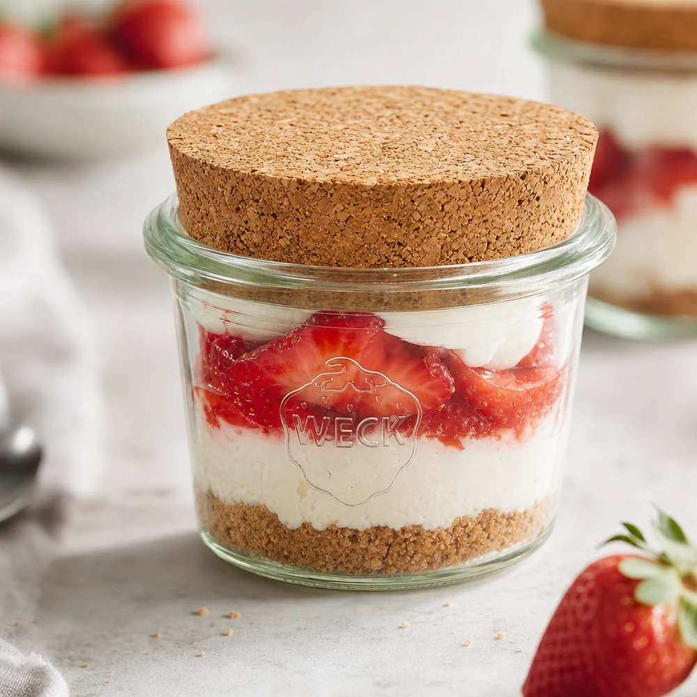 35ml Sturzglas WECK RR40 mit Korken natur WECK Sturzglas RR40 35ml mit Korken gefüllt mit Erdbeer-Sahne-Dessert als Portionsglas für süße Nachspeisen