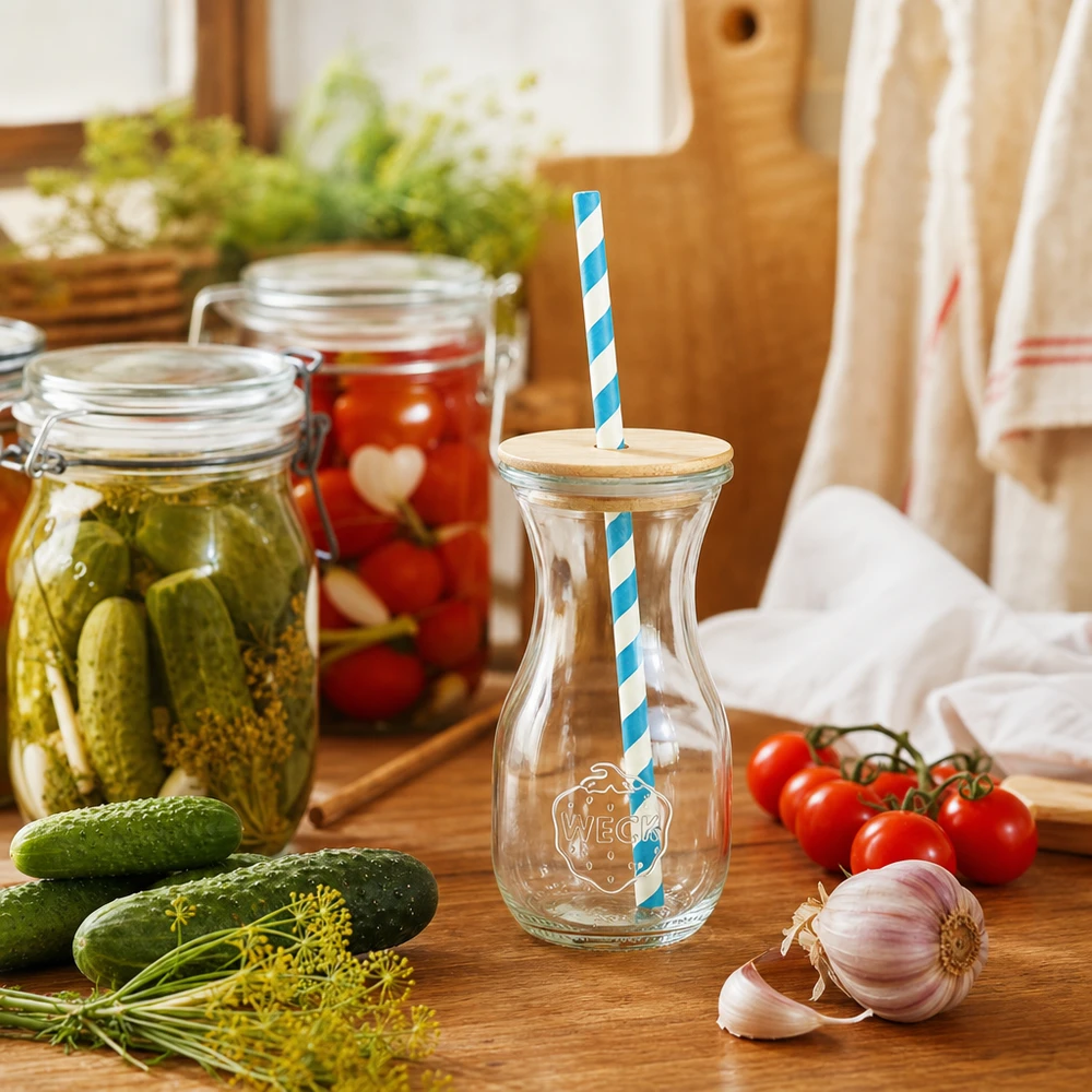 6 x WECK 290ml Saftflasche RR60 mit Holzdeckel und 100 Öko S WECK Saftflasche 290ml Küchenszenerie mit eingelegten Gurken Tomaten frischem Gemüse Holzdeckel Öko-Strohhalm