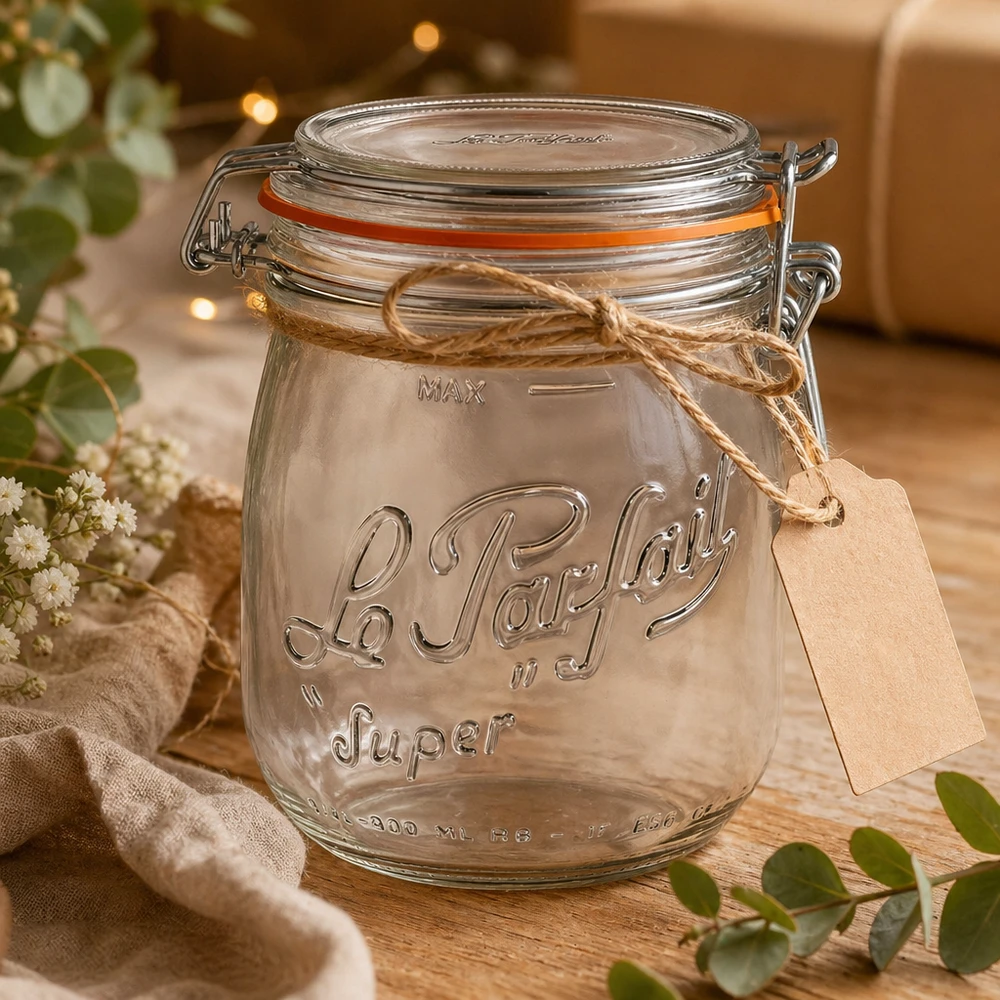 750ml Vorratsglas "Super" mit Bügelverschluss Le Parfait® 750ml Le Parfait Vorratsglas Super mit Bügelverschluss und Geschenkanhänger auf Holztisch mit Dekoration