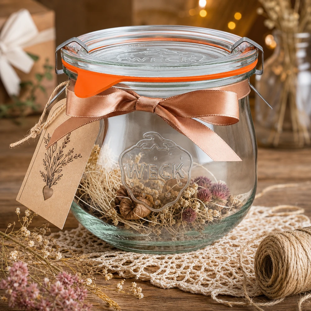 370ml Tulpenglas komplett WECK RR80 WECK Tulpenglas 370ml RR80 dekorativ arrangiert mit getrockneten Blumen Satinband und Geschenkanhänger als Bastelidee