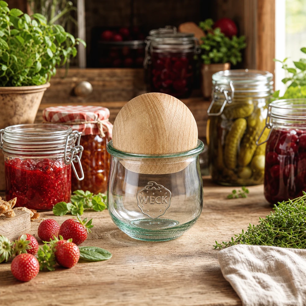 370ml Tulpenglas WECK RR80 mit Holzkugel Buche WECK Einmachglas RR80 mit Holzdeckel in rustikaler Küche zwischen Marmeladengläsern und frischen Erdbeeren