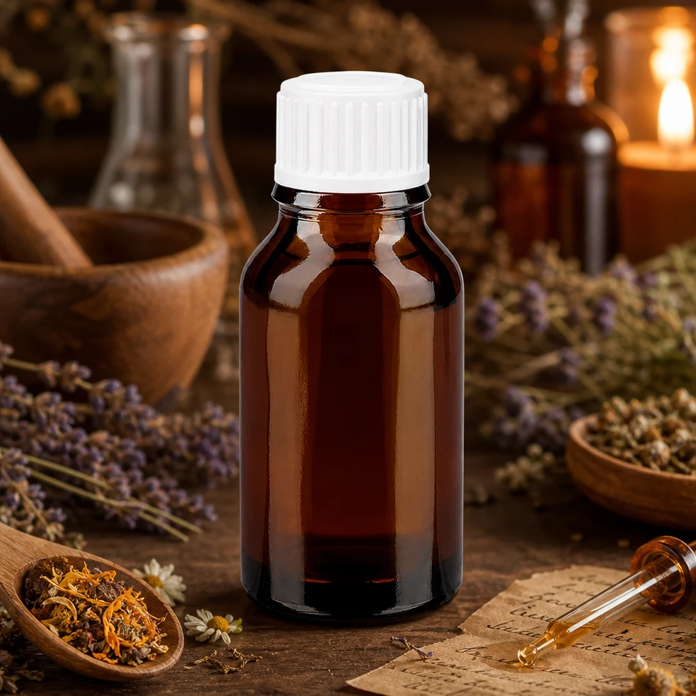 Dunkelbraune 30ml Glasflasche mit weißem 11mm Verschluss für Kräuterextrakte und Pflanzentinkturen