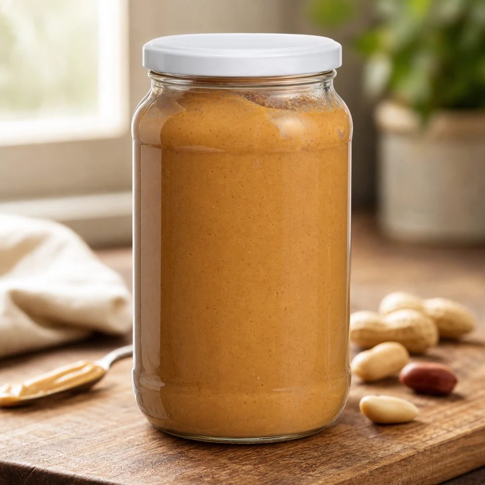 1062ml Rundglas mit BasicSeal Deckel weiß UNiTWIST 1062ml Rundglas mit BasicSeal Deckel gefüllt mit Erdnussbutter auf Holzbrett mit Erdnüssen Vorratsglas Küche