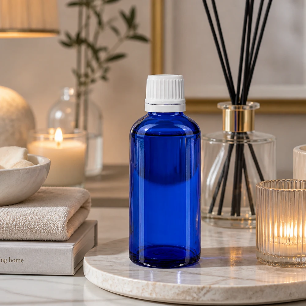 Apothekenflasche blau 50ml Schraubverschluss weiß Originalitätsverschluss Blaue 50ml Flasche mit Sicherheitsverschluss weiß ideal für Kosmetik und Aromatherapie