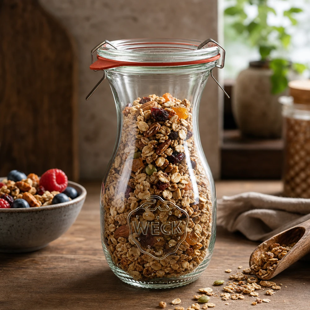 WECK Saftflasche 290ml RR60 gefüllt mit Müsli und Trockenfrüchten zur Aufbewahrung von Lebensmitteln