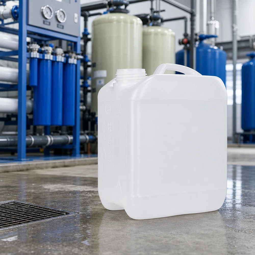 Kanister 2.5 Liter ohne Verschluss Zwei weiße 2,5 Liter Kanister ohne Verschluss in professioneller Wasseraufbereitung