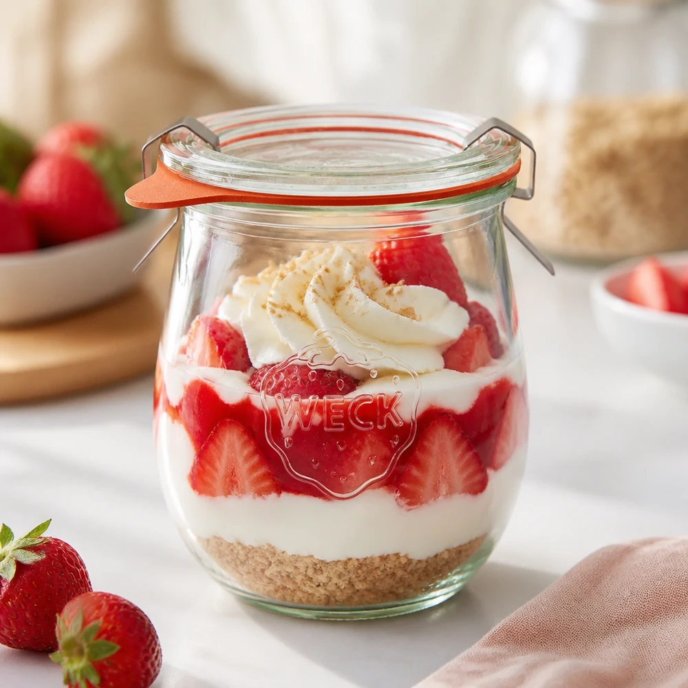 WECK Tulpenglas 220ml RR60 mit Erdbeerdessert Schichtdessert Joghurt und Keksboden als Dessertglas verwendet