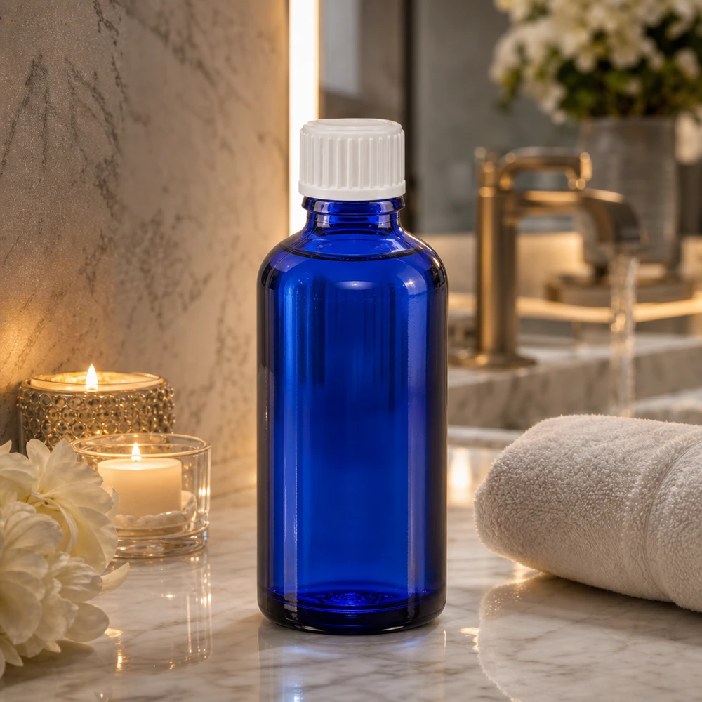 Hochwertige 50ml Tropfflasche Blauglas mit weißem Dosierverschluss für Kosmetik und Pharmazie