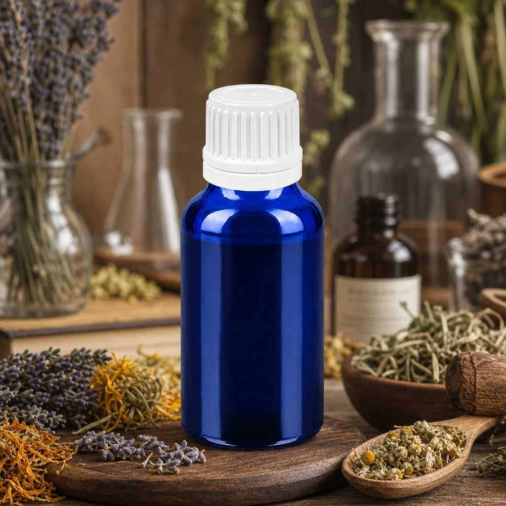 Vielseitige blaue 20ml Glasflasche mit weißem Deckel für Naturkosmetik und Heilpflanzenextrakte