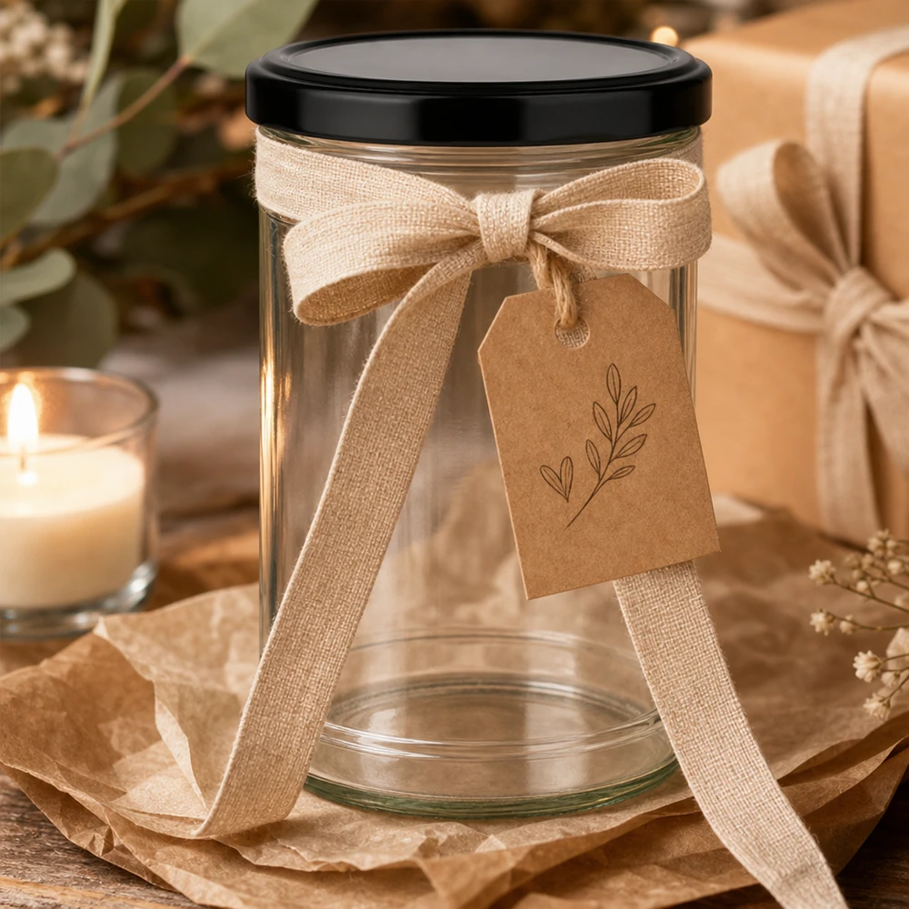 1053ml Sturzglas mit BasicSeal Deckel schwarz UNiTWIST 1053ml Sturzglas mit schwarzem Deckel als Geschenkverpackung mit Schleife und Kraftpapier-Anhänger dekoriert
