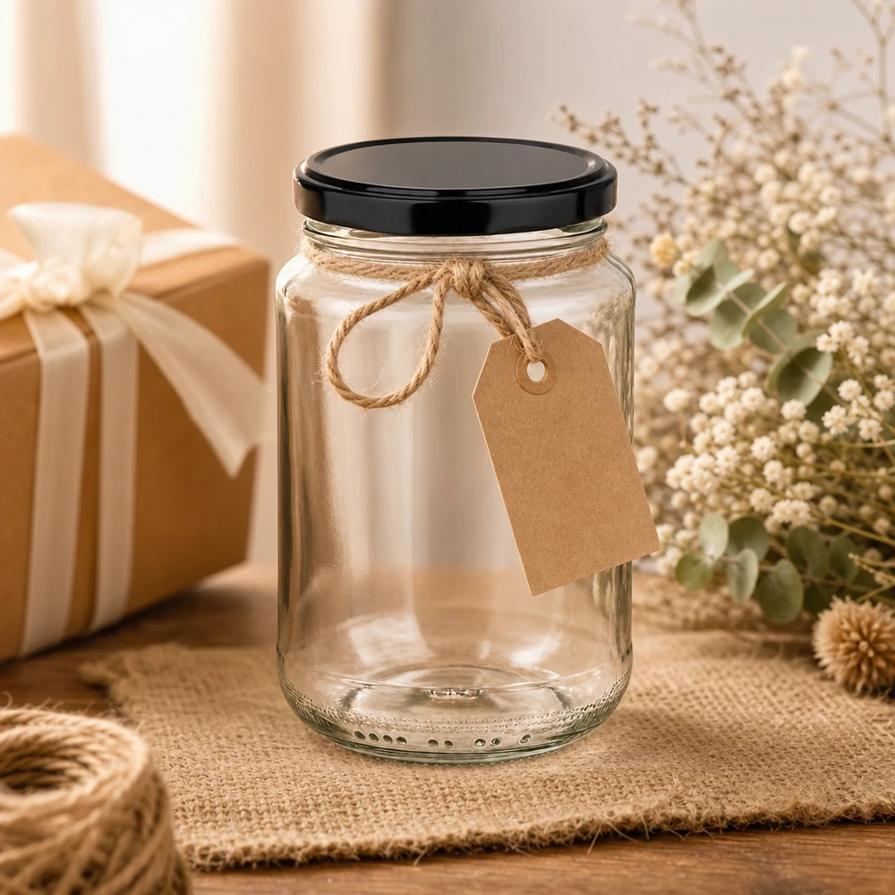 375ml Rundglas mit BasicSeal Deckel schwarz UNiTWIST 375ml Rundglas dekorativ inszeniert mit Kraftpapier-Anhänger und Juteschnur als Geschenkverpackung Einmachglas