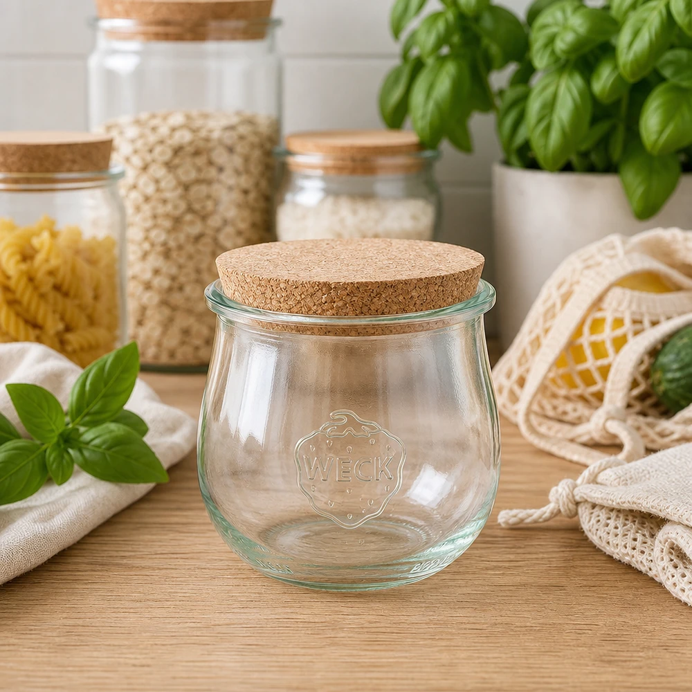 WECK Tulpenglas 370ml RR80 mit Korken in nachhaltiger Zero Waste Küche zwischen Aufbewahrungsgläsern und Basil