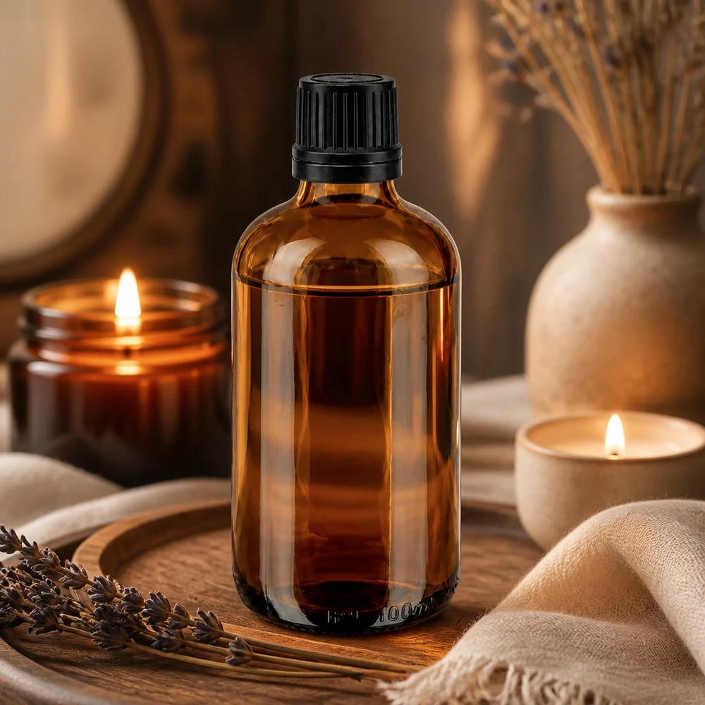 Apothekenflasche braun 100ml Tropfverschluss Premium 1mm schwarz Originalitätsverschluss Hochwertige 100ml Braunglas Flasche mit Tropfeinsatz neben Kerzen und Lavendel