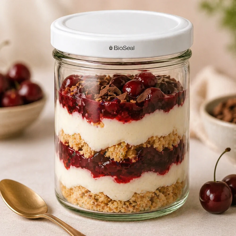 UNiTWIST 167ml Sturz-Glas mit BioSeal Deckel Schichtdessert Kirschkompott Crumble Dessertglas Küchenszene goldener Löffe