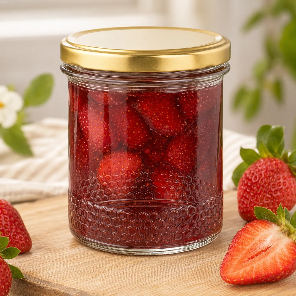 400ml Honigglas mit BasicSeal Deckel gold UNiTWIST als Marmeladenglas für Erdbeerkonfitüre mit frischen Erdbeeren