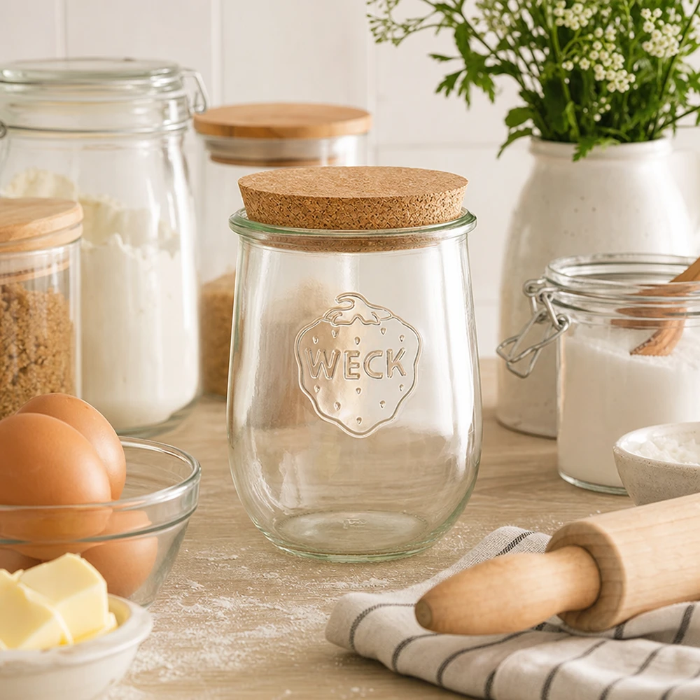 WECK Tulpenglas RR100 1062ml mit Korken in gemütlicher Backküche neben Mehl Eiern und Backzutaten Vorratshaltung
