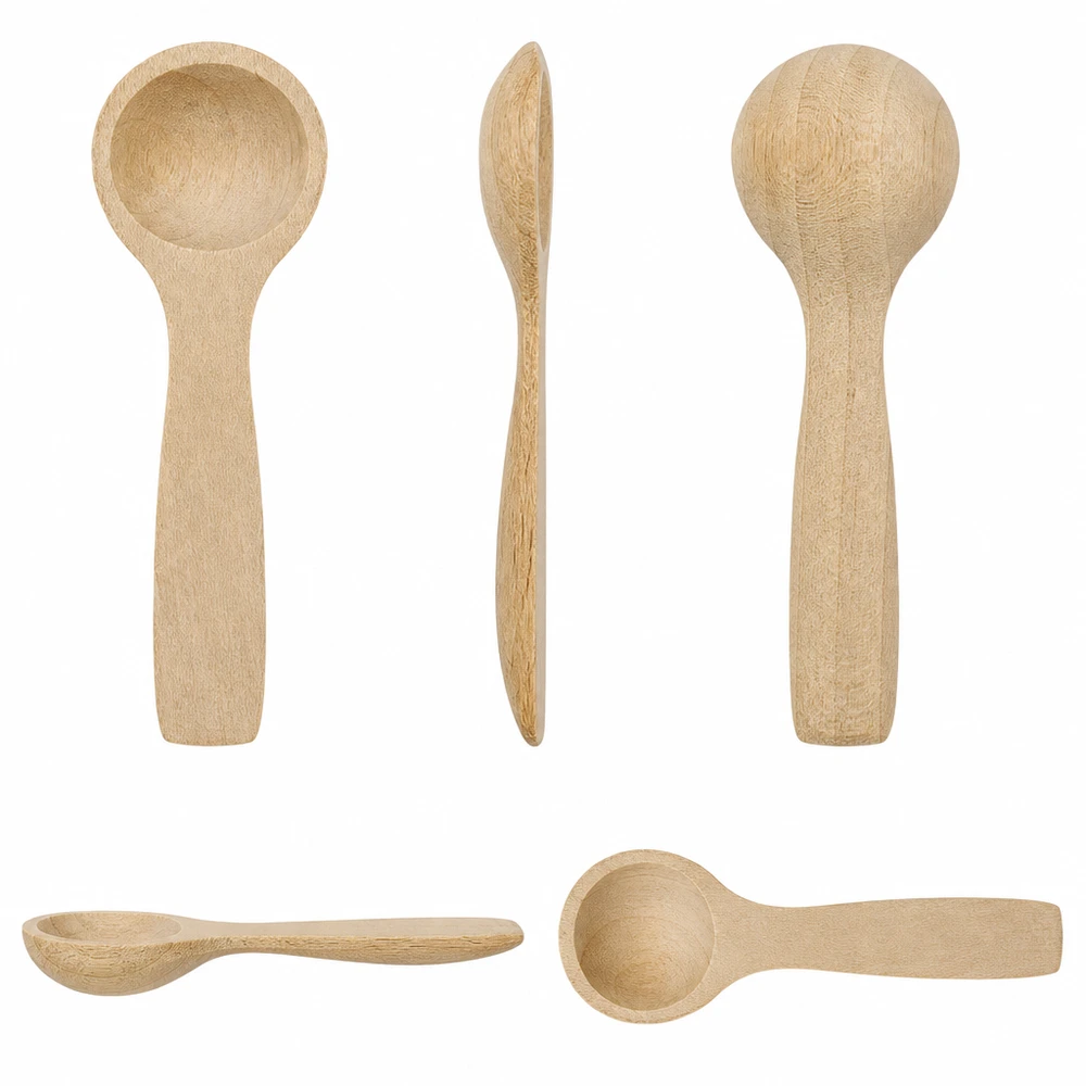 Holzschaufel Grösse S Löffelform - 77mm lang Fünf Ansichten der kleinen Holzschaufel 7,7cm aus verschiedenen Winkeln zeigen Form und Verarbeitung des Buchenholz-Löff
