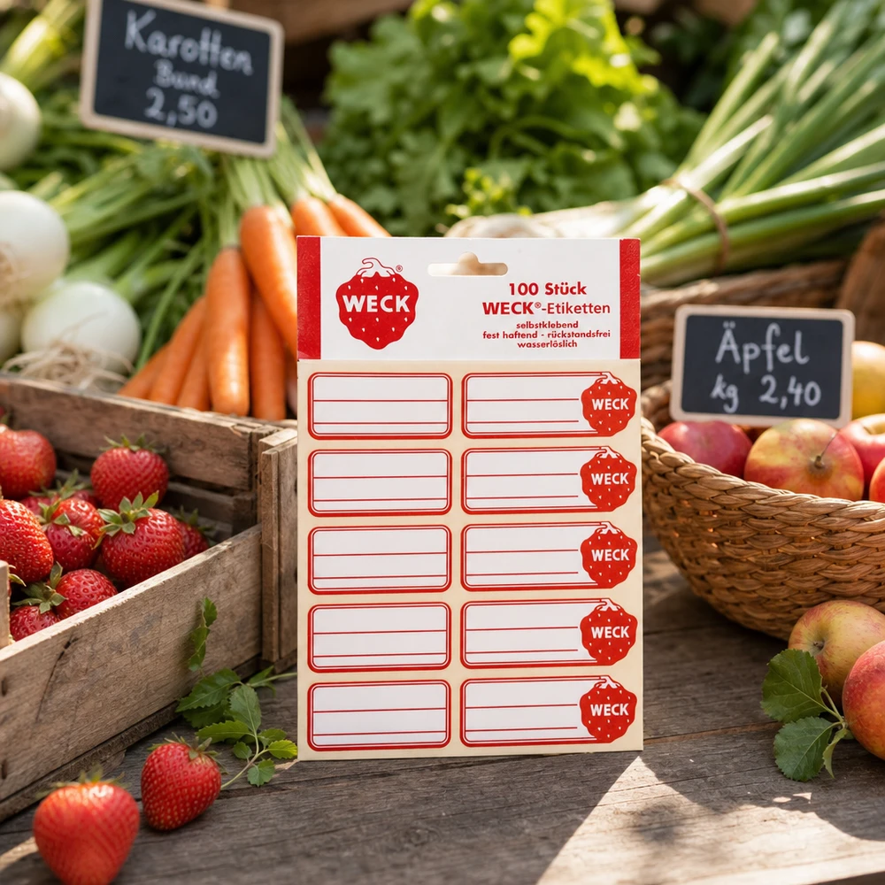 WECK Etiketten 100 Stück Packung im Marktstand zwischen frischem Obst Gemüse Karotten Erdbeeren Äpfeln