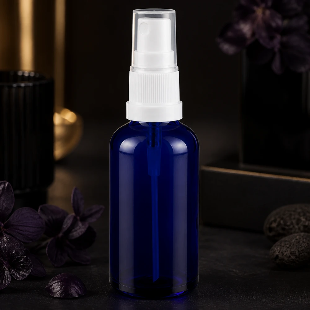 50ml Sprayflasche weiß/transparent Standardverschluss BlueLine UT18/50 Vielseitige blaue Glasflasche 50ml mit Sprühaufsatz für DIY-Kosmetik und Aromamischungen
