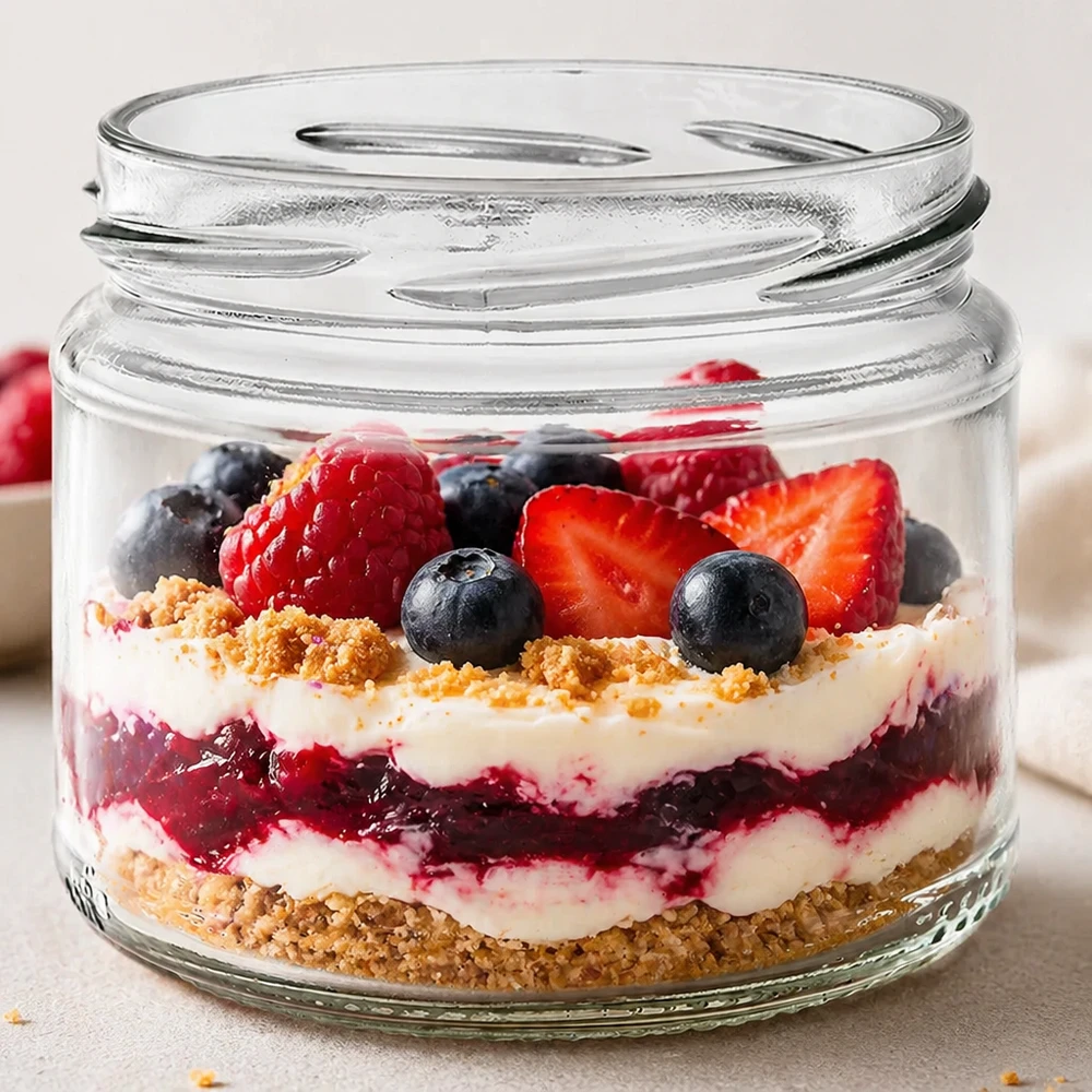 330ml Rundglas ohne Deckel (TO82) UNiTWIST UNiTWIST Runda330 Rundglas mit buntem Beerendessert Schichtdessert Trifle Beeren Sahne Keksboden gefüllt