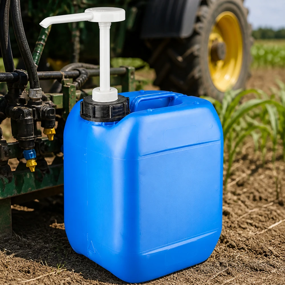Kanister 5 Liter mit schwarzem Schraubverschluss und Pumpe bei landwirtschaftlicher Maschine