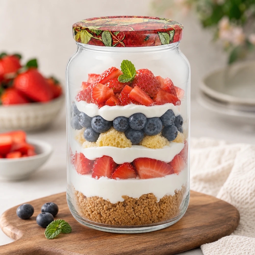 1062ml Rundglas BasicSeal Deckel Obst-Dekor Schichtdessert Beeren Sahne Keksboden Trifle Nachtisch Mason Jar