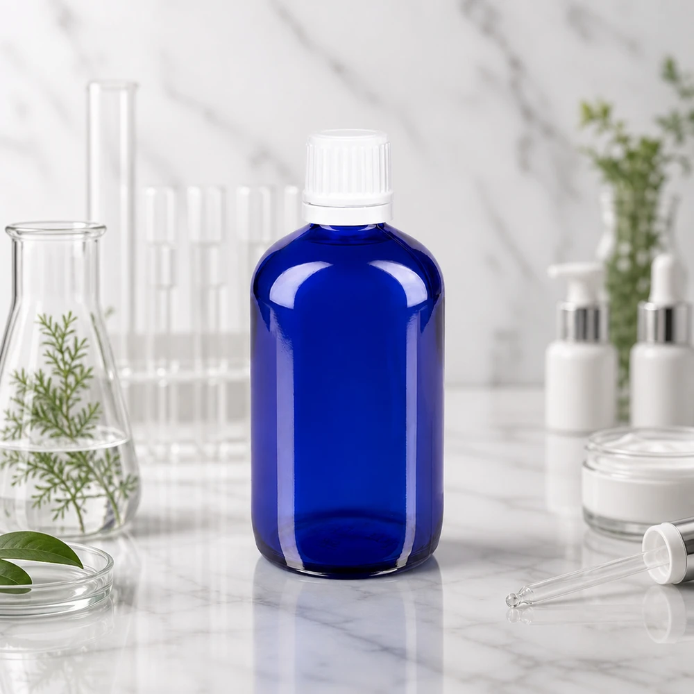 Apothekenflasche blau 100ml Schraubverschluss weiß Originalitätsverschluss Pharmazeutische 100ml Blauglasflasche mit OV-Verschluss weiß zwischen Laborgeräten und Naturpflanzen
