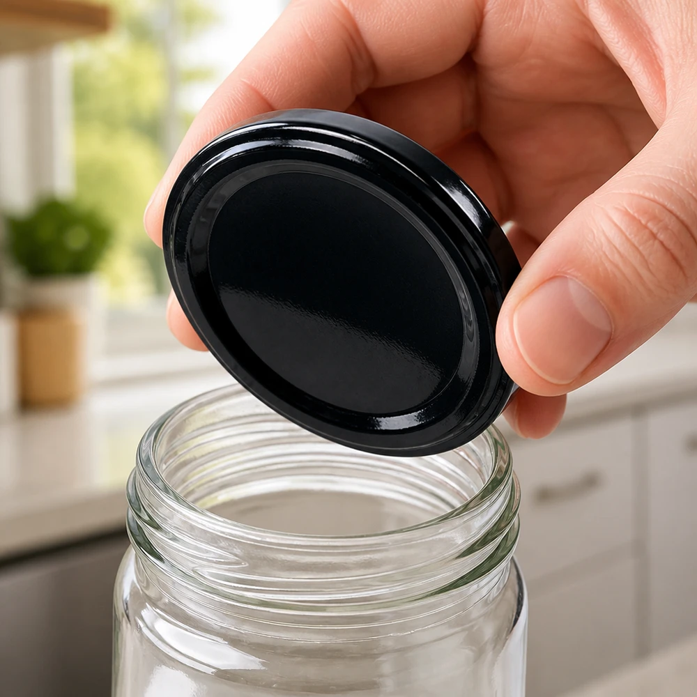 UNiTWIST TO82 Deckel mit BioSeal Dichtung schwarz matt gehalten über geöffnetem Glasgefäß