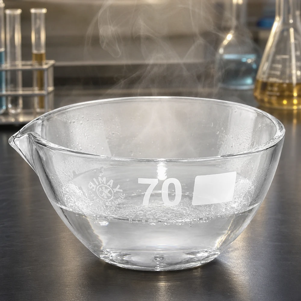 60ml Abdampfschale mit Ausguss Borosilikat ø70mm Chemieresistente Abdampfschale 60ml aus Borosilikatglas mit ergonomischem Ausguss für Labore