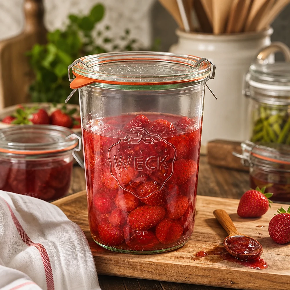 850ml Sturzglas komplett WECK RR100 WECK 850ml Einmachglas mit Erdbeermarmelade befüllt auf Holzbrett in rustikaler Küche mit frischen Erdbeeren