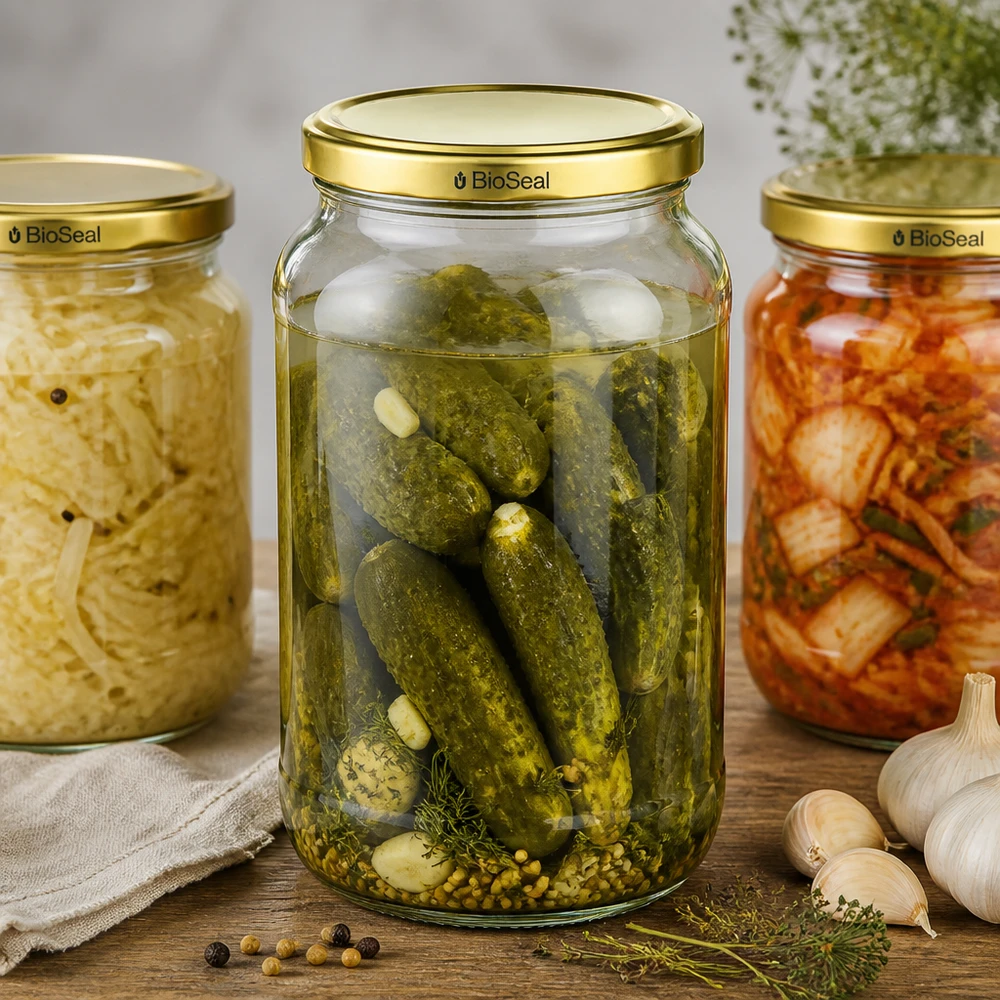 1062ml Rundglas mit BioSeal Deckel gold UNiTWIST UNiTWIST Runda1062 Einmachgläser Set eingelegte Gurken Kimchi TO82 BioSeal Deckel fermentierte Lebensmittel