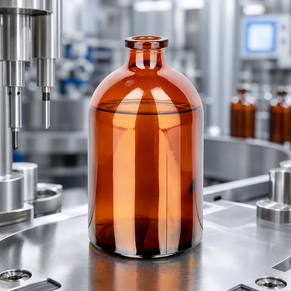 Injektionsflasche Braunglas 100ml Sterile Injektionsflasche 100ml aus Braunglas auf Edelstahlunterlage neben Abfüllnadel