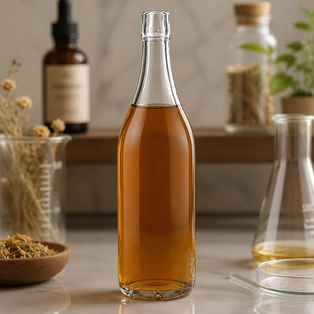 1000ml Glasflasche ohne Bügelverschluss UNiTWIST® Glasflasche 1000ml UNiTWIST mit bernsteinfarbenem Inhalt in natürlicher Küchenumgebung mit Kräutern und Flaschen