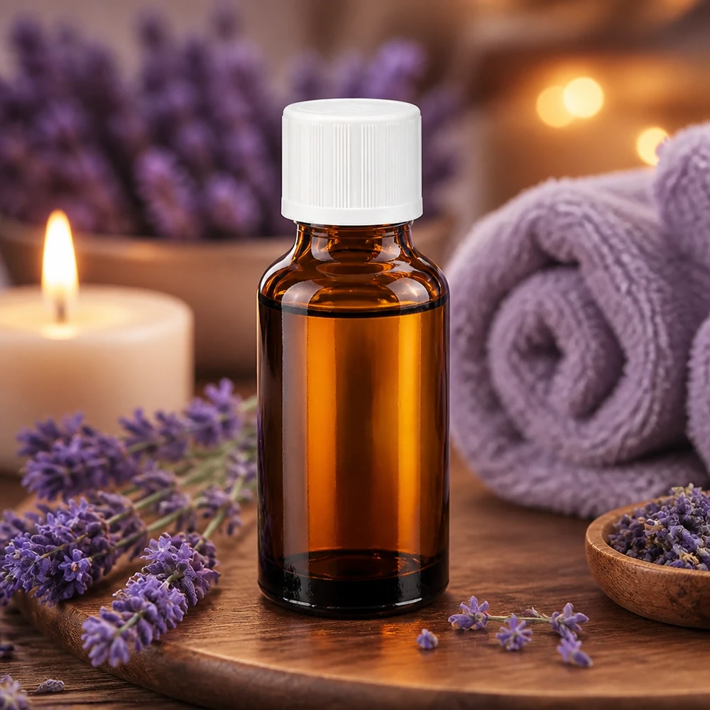 Apothekenflasche braun 20ml Tropfverschluss weiß Kindersicherung Standard Pharmazeutische 20ml Braunglasflasche KiSi-Tropfverschluss weiß vor warmem Kerzenlicht und Lavendel
