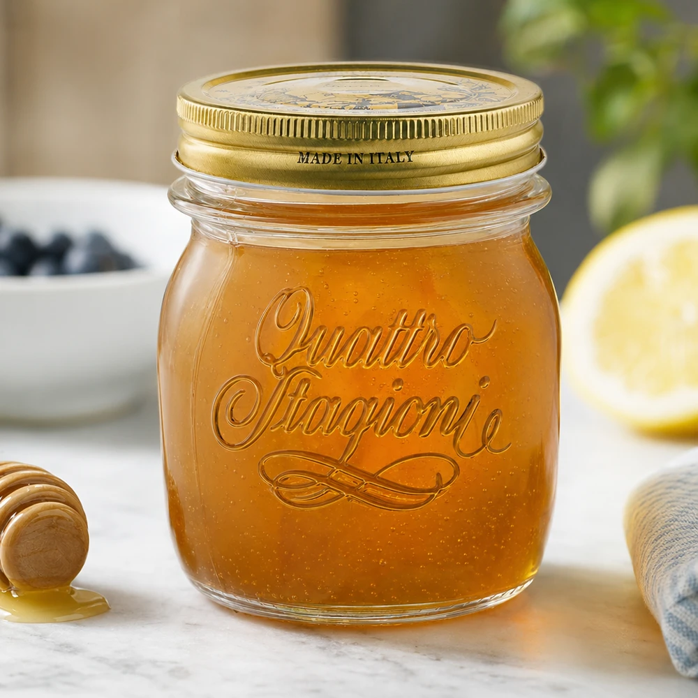 250ml Rundglas "Quattro Stagioni" mit Deckel 250ml Rundglas Quattro Stagioni mit goldenem Deckel gefüllt mit Honig auf Küchentheke Made in Italy