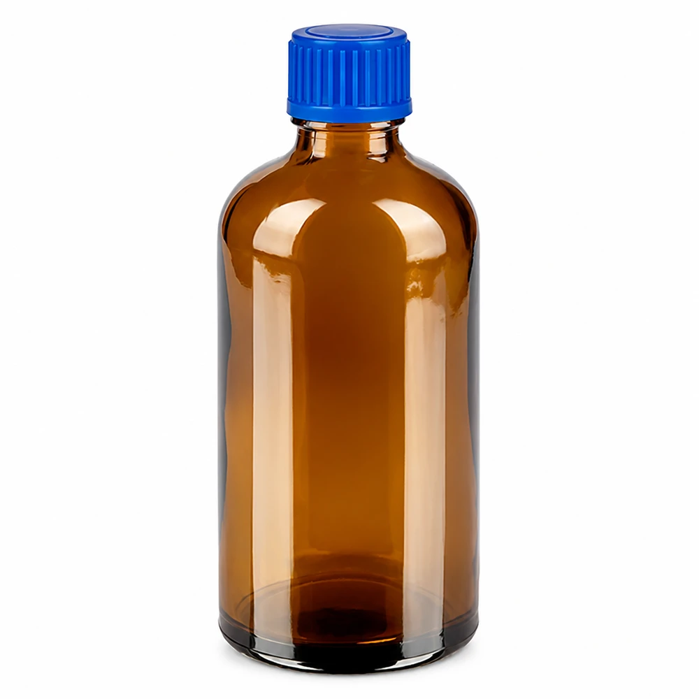 Hochwertige Braunglasflasche 100ml mit blauem Verschluss für Labor und Apotheke
