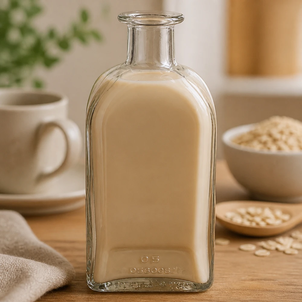 500ml Glasflasche "Julia" ohne Verschluss UNiTWIST 500ml Glasflasche Julia mit cremiger beiger Flüssigkeit gefüllt neben Haferflocken und Tasse in warmer Küchenatmosphäre