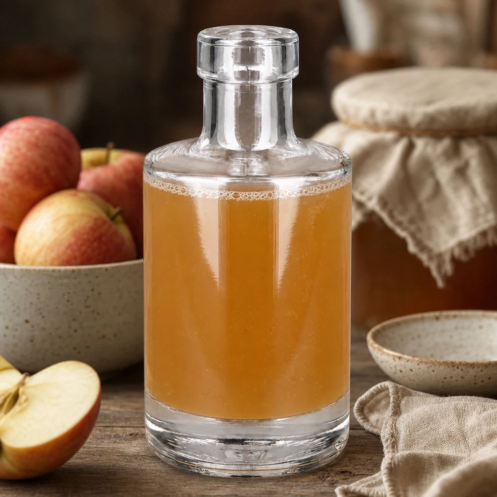 200ml Glasflasche "Marie" ohne Verschluss UNiTWIST Glasflasche Marie 200ml mit Apfelsaft befüllt natürliche Küchendeko mit frischen Äpfeln rustikaler Holztisch Lifestyle